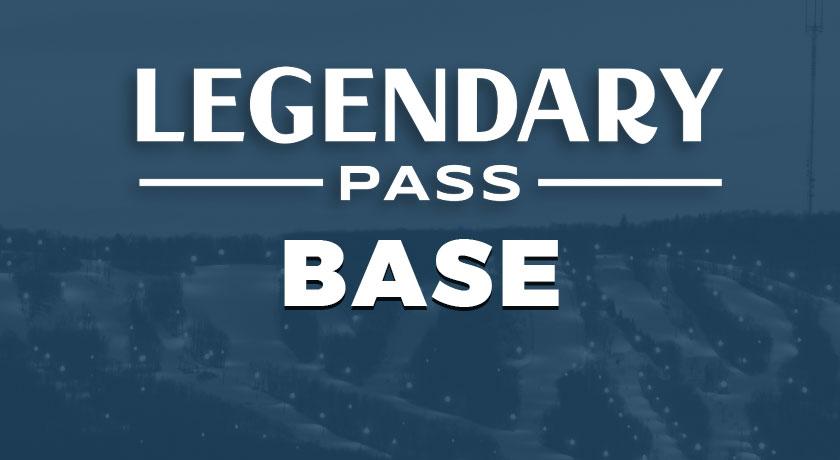 Legendary Pass Base logo over snowy ski slopes.