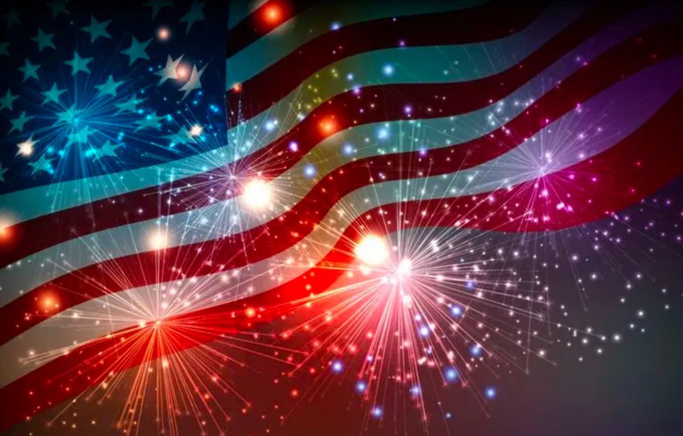 American flag with colorful fireworks.