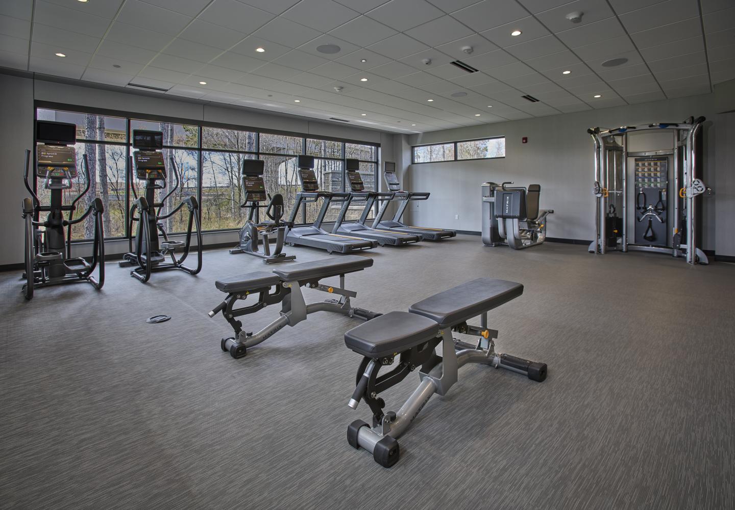 Spacious gym with cardio machines and weight benches.