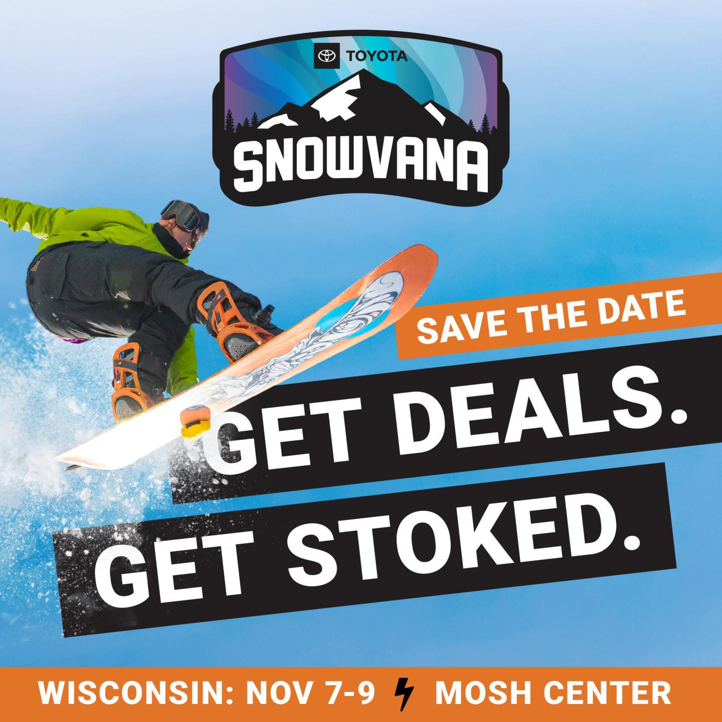Snowboarder in mid-air against a blue sky, promotional text for Snowvana event.