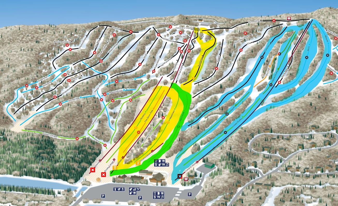 Ski resort trail map with colored routes on a hilly terrain.