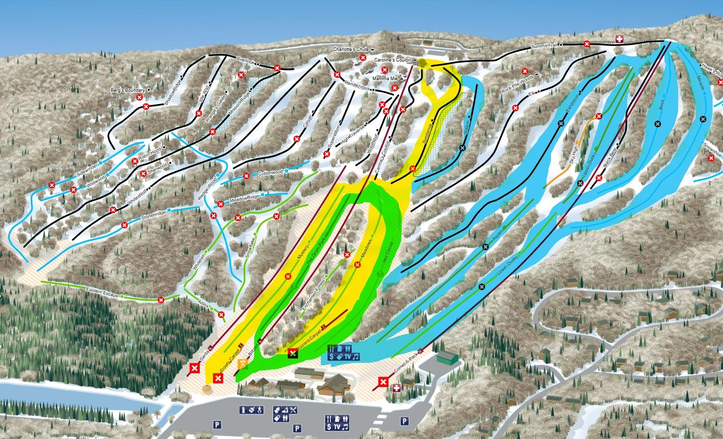 Trail map of a ski resort with marked slopes in various colors.