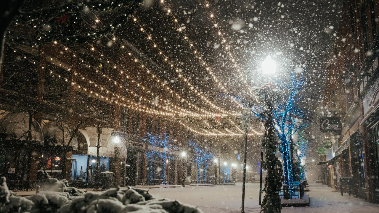 Snowy street with festive lights and illuminated trees at night.