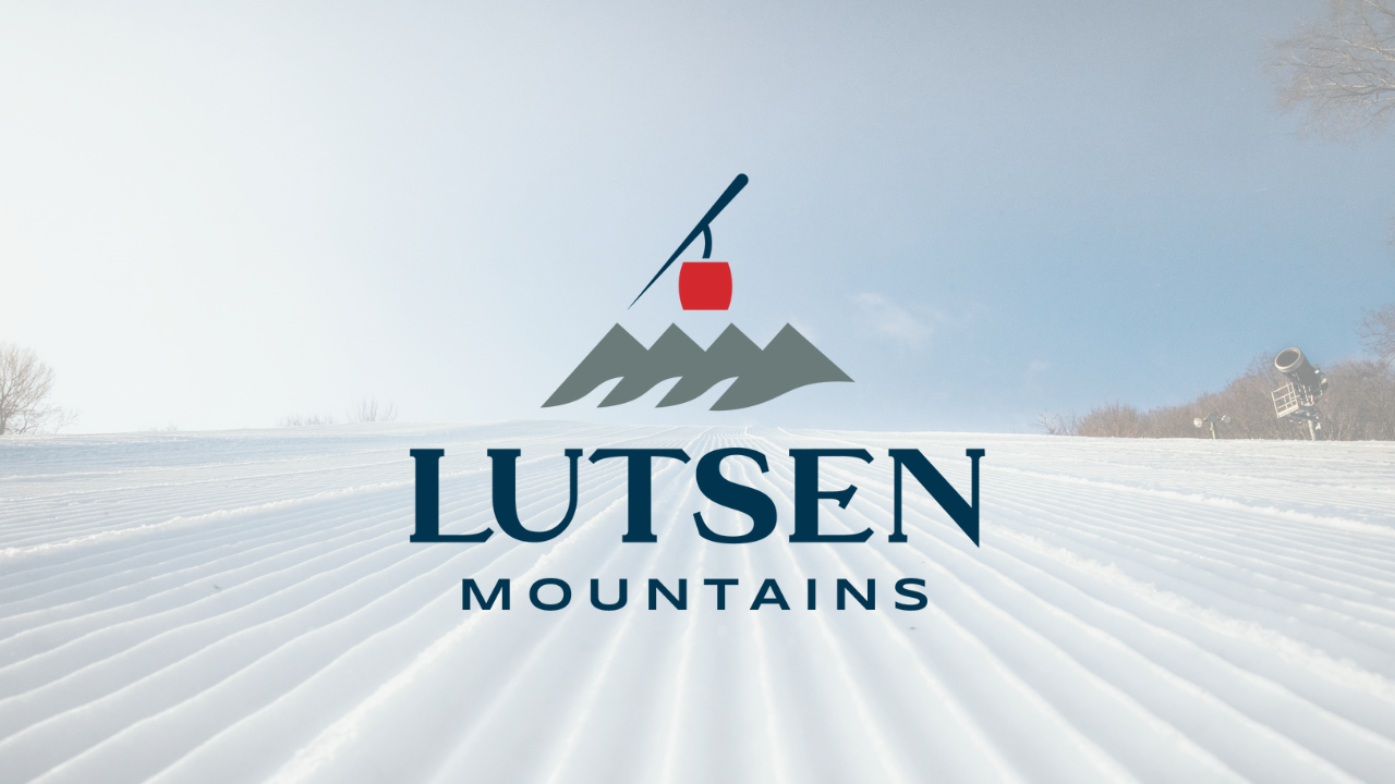 Snowy ski slopes with Lutsen Mountains logo.