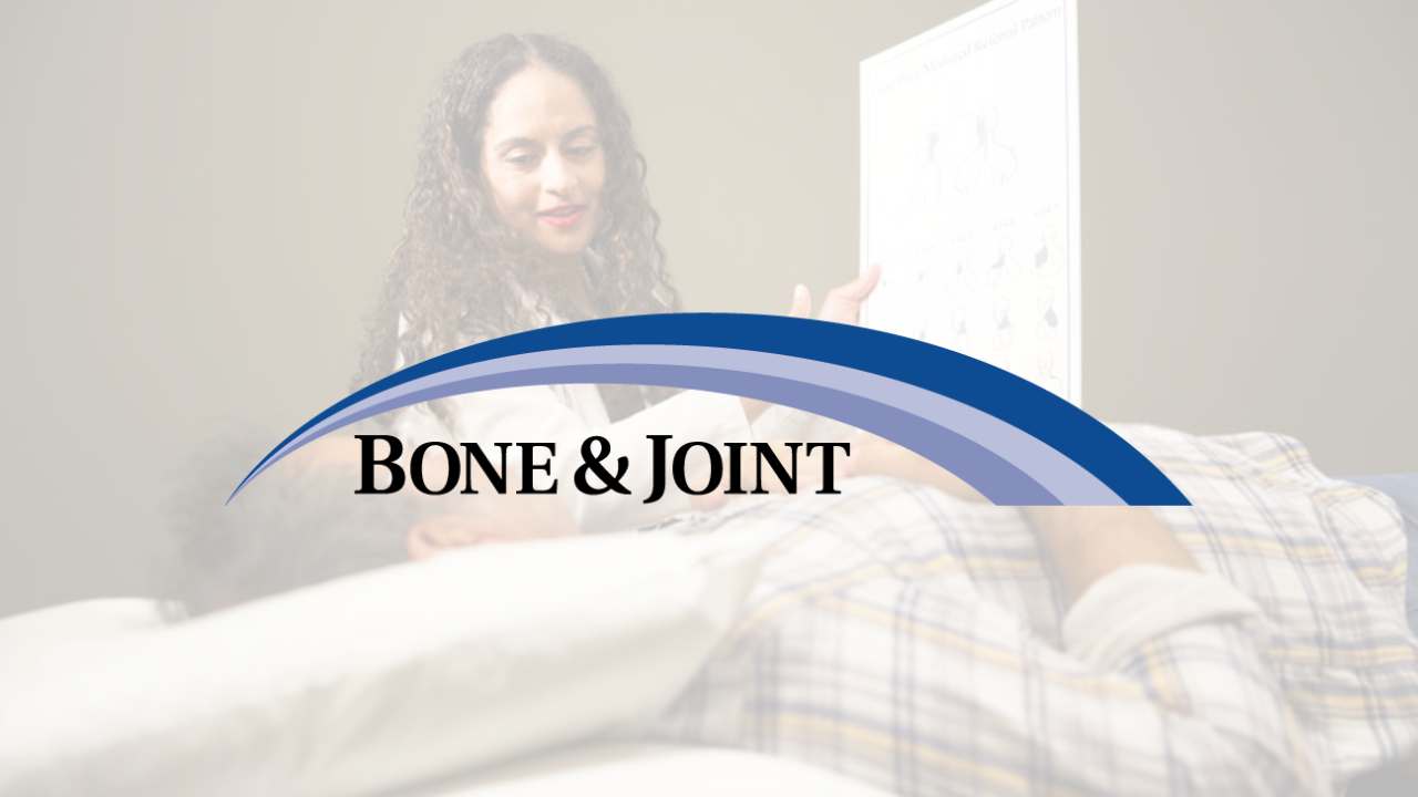 Bone & Joint logo over a blurred doctor and patient setting.