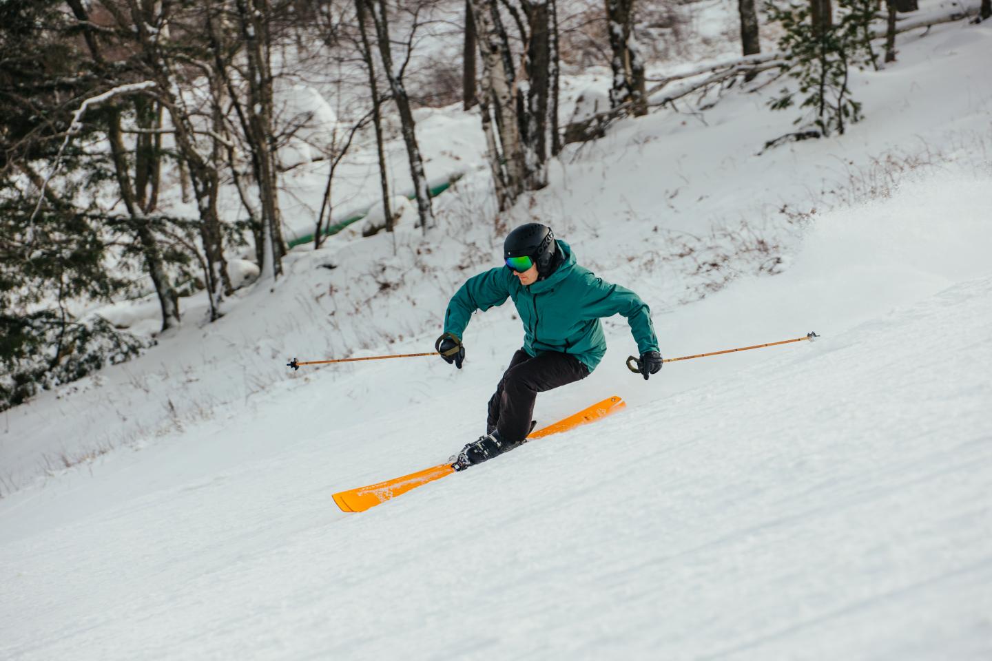 A skier in green jacket glides down a snowy slope, surrounded by trees.