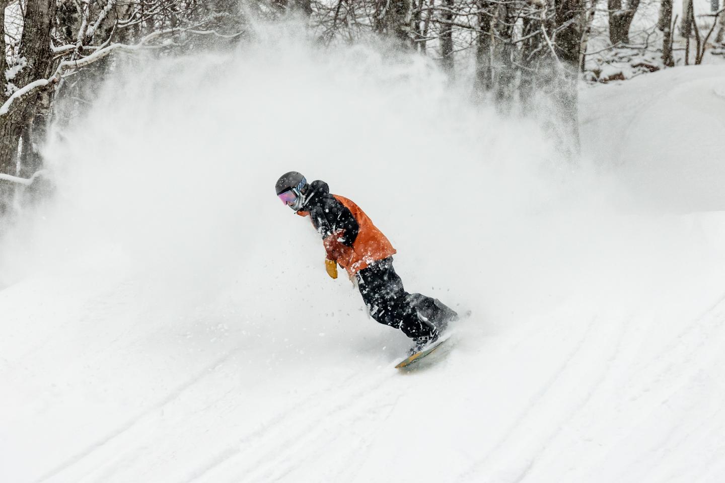 Snowboarder carving through thick, powdery snow in a forested area.