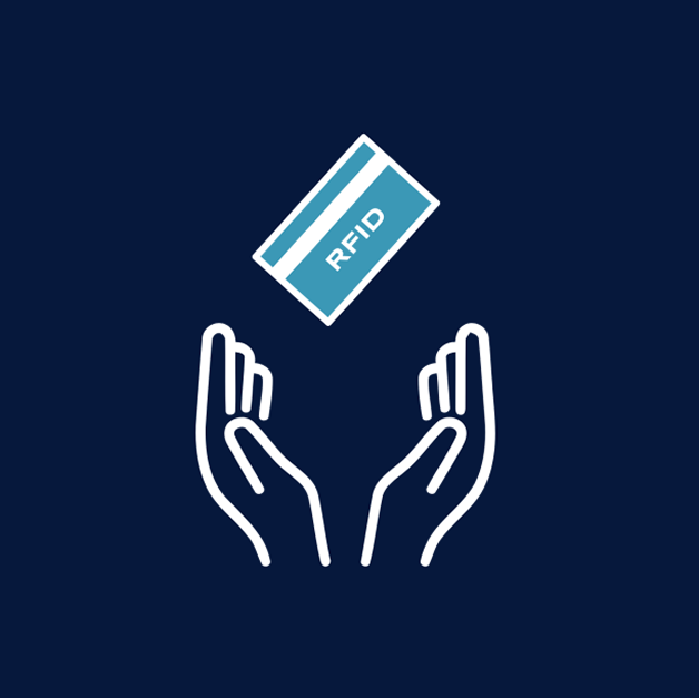 RFID card above two raised hands on a dark blue background.