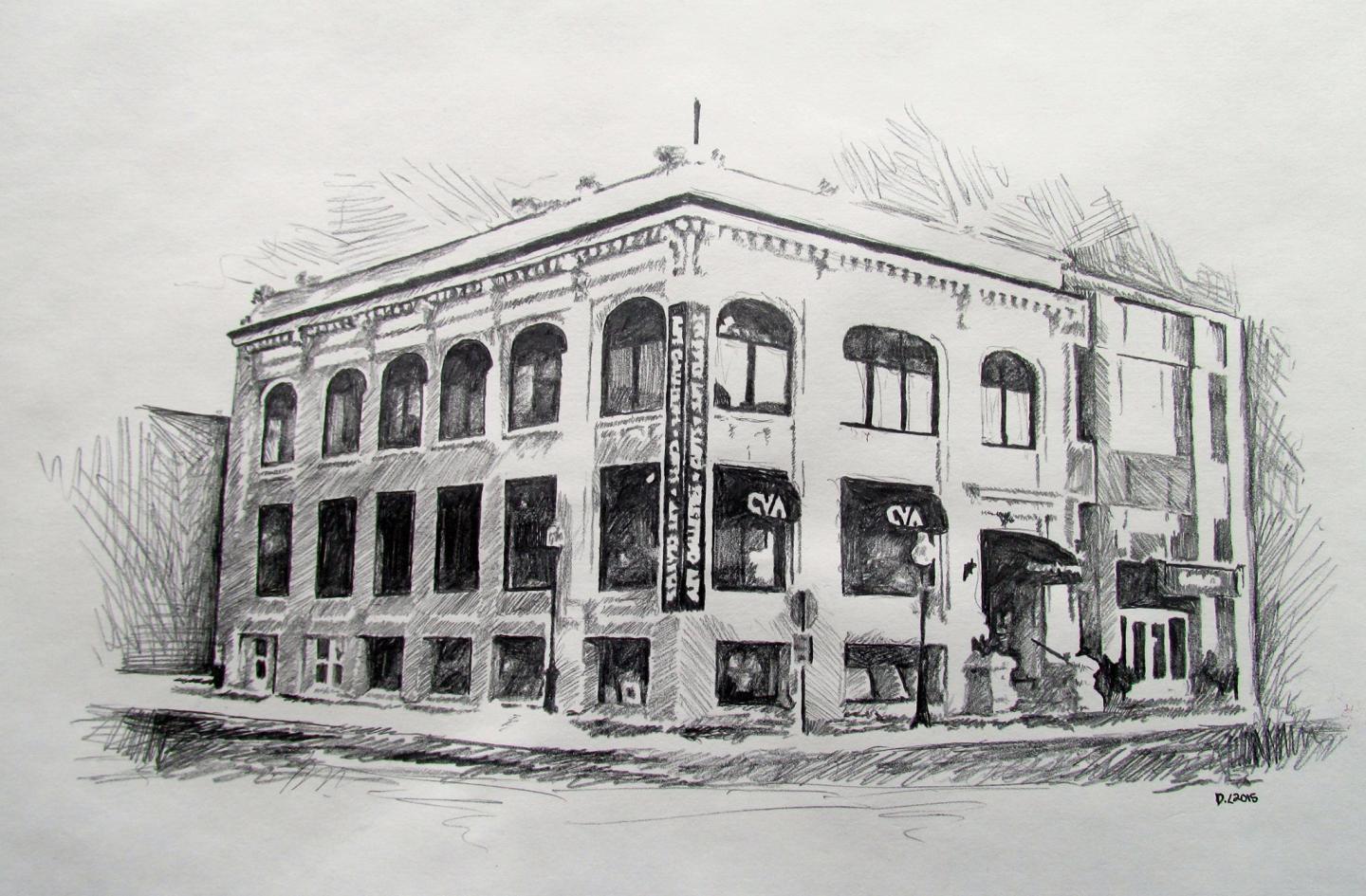 Pencil sketch of a historic, three-story corner building with arched windows.