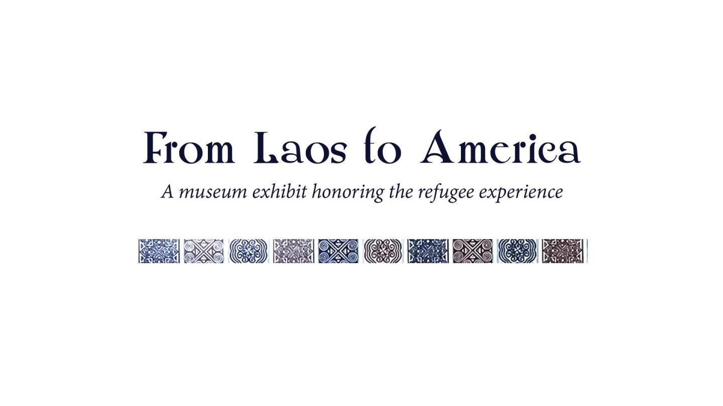 From Laos to America text, navy pattern border below.