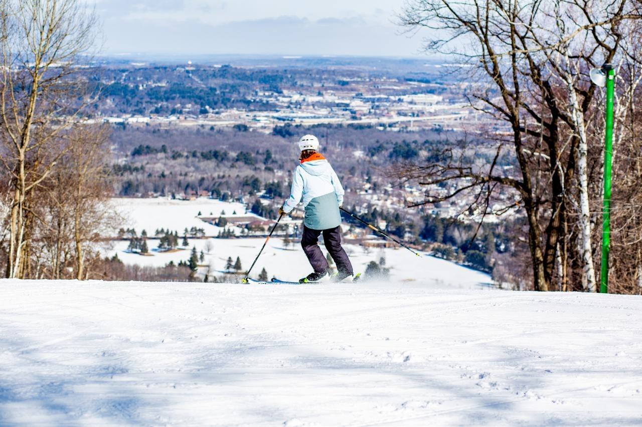 Skier descending a snowy slope with a scenic valley view.