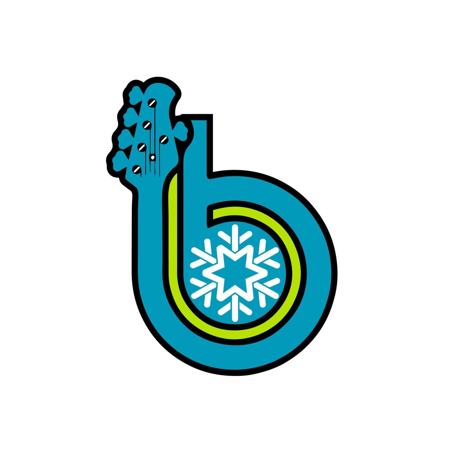 Blue guitar and snowflake logo on a white background.