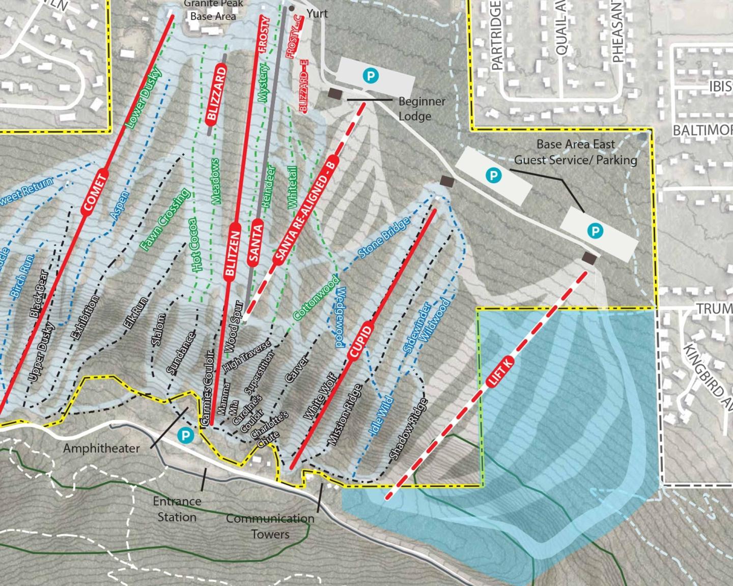 Ski resort map with trails marked in red and blue lines.