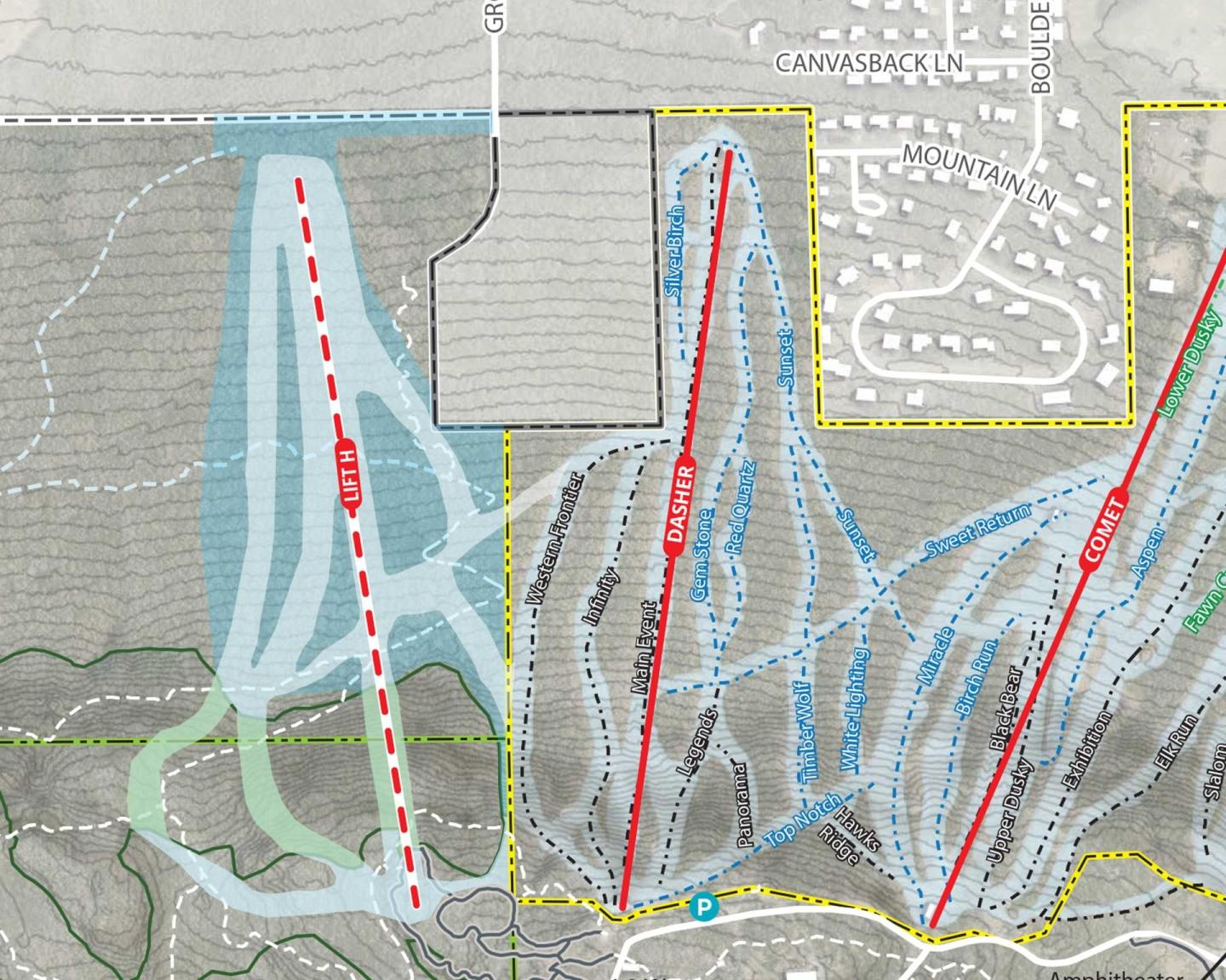 Ski resort map with trails and lift lines marked in red and blue.