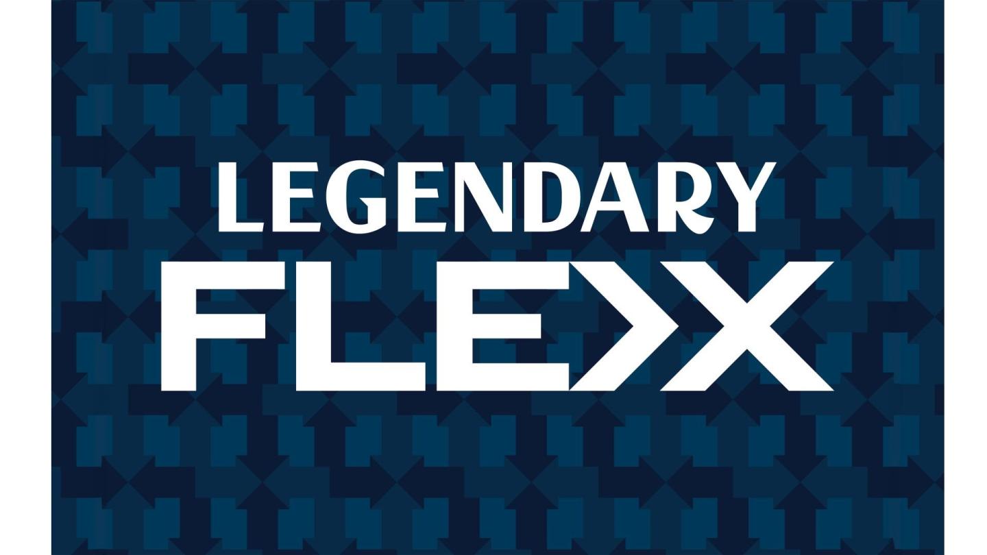 Legendary Flex logo with a blue patterned background.