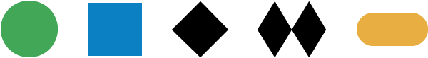 Multicolored geometric shapes: a green circle, a blue square, and a yellow oval.