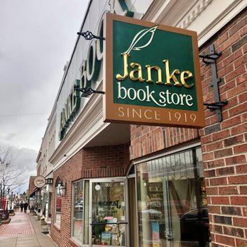 Janke Book Store sign on a brick building, cloudy sky above.