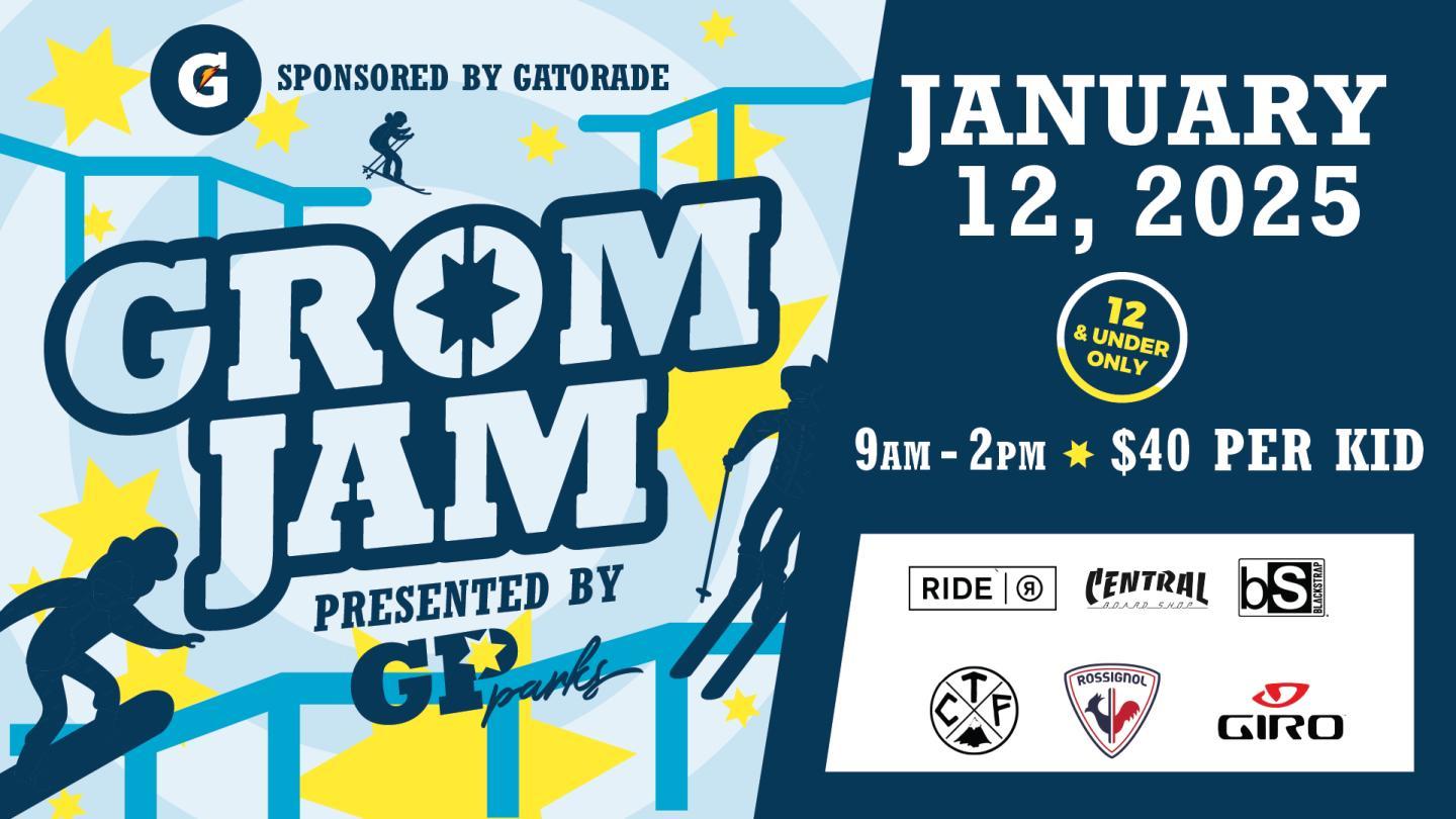 Grom Jam event flyer with date, time, and logos.
