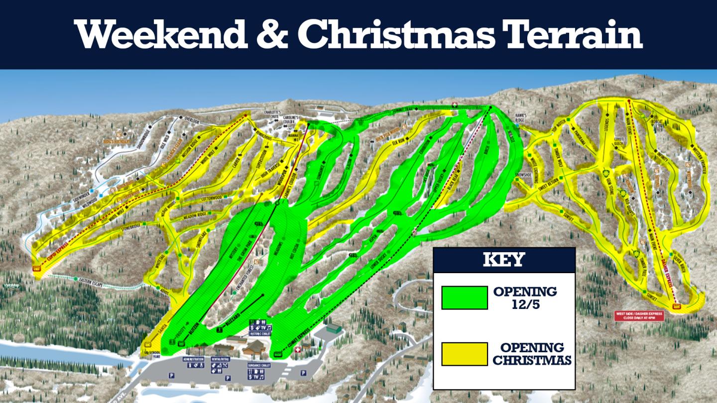 Ski resort map highlighting weekend and Christmas terrain trails, marked in green and yellow.