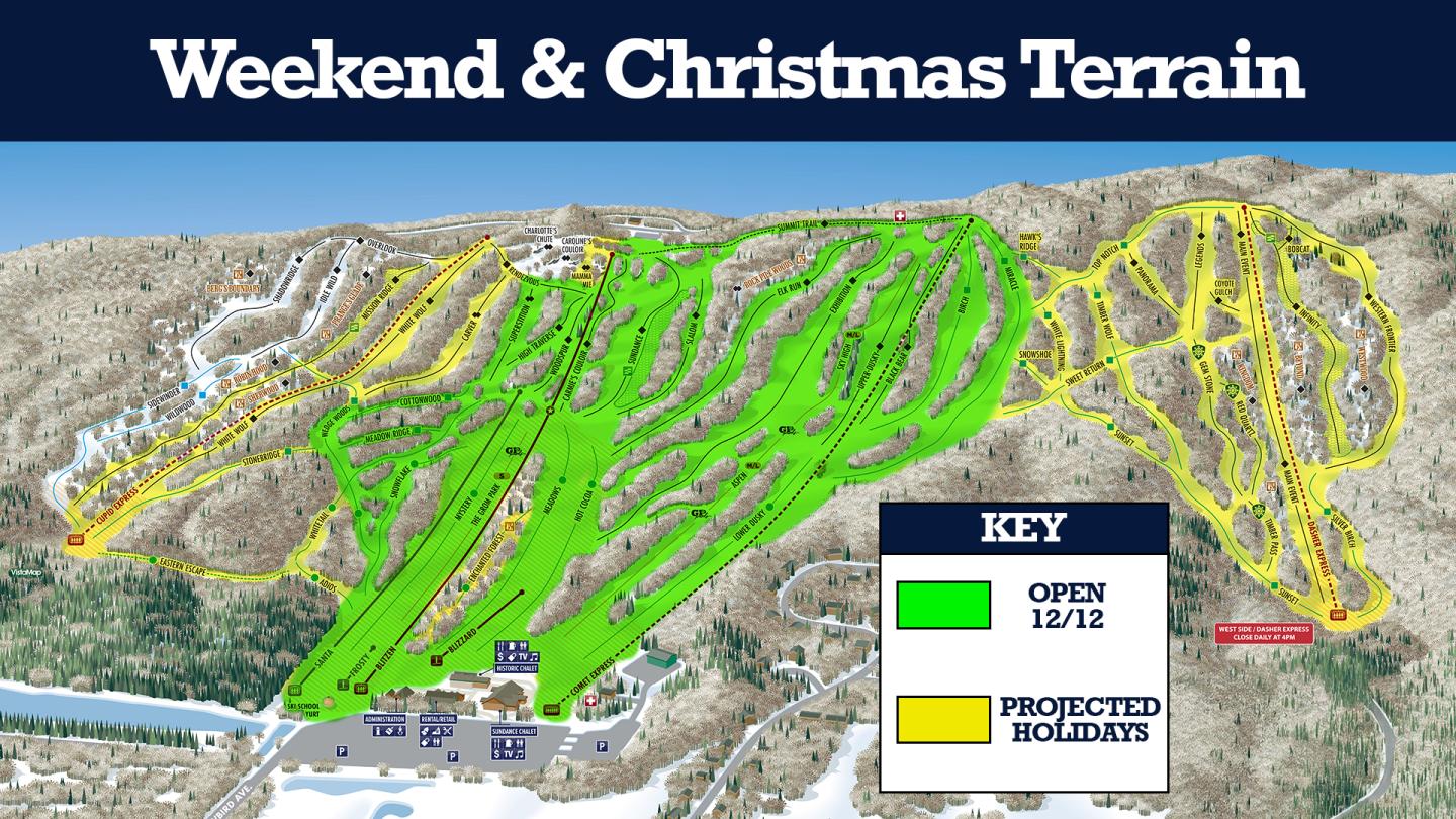 Ski resort map with green and yellow highlighted trails.