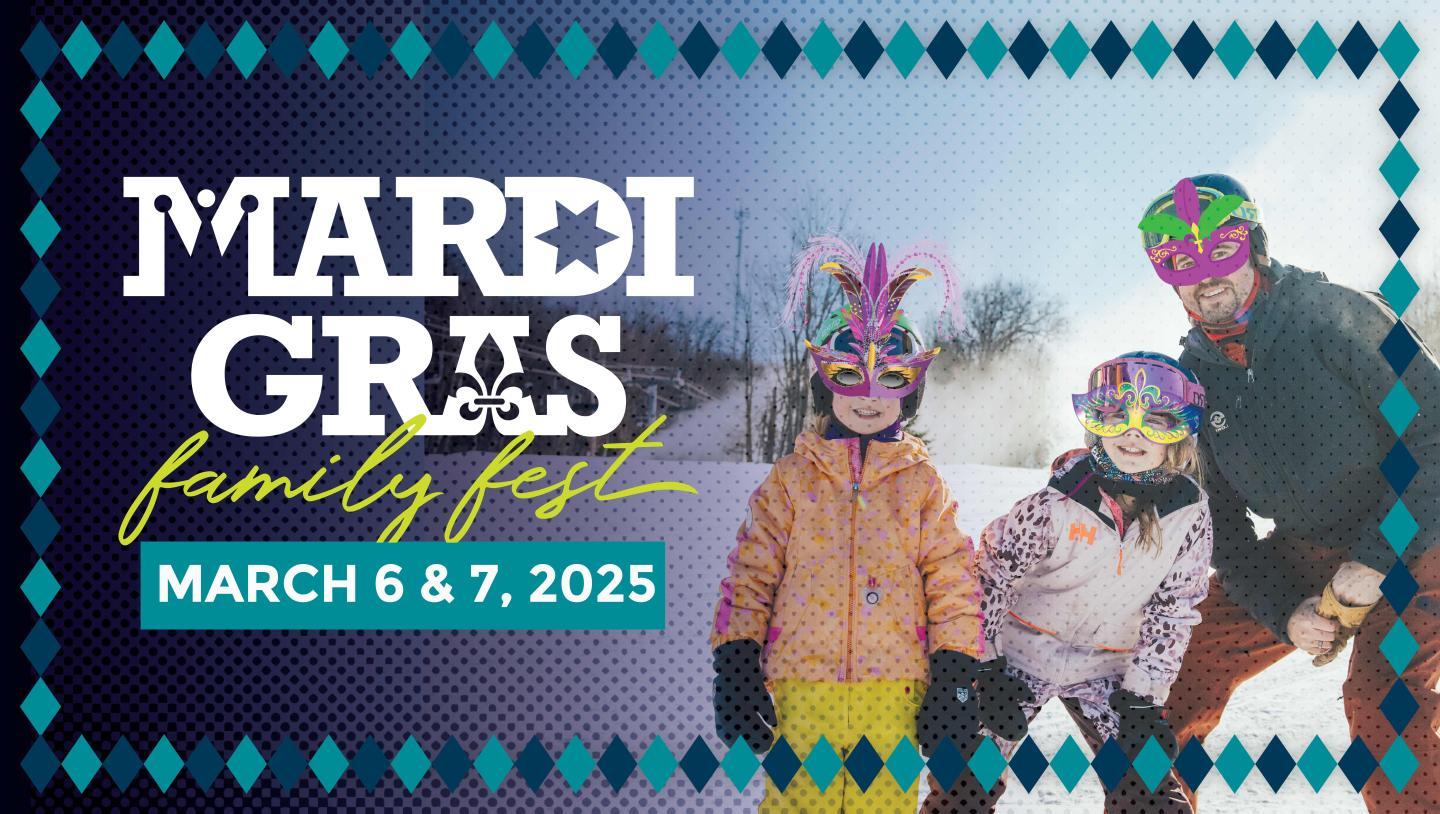 Family wearing Mardi Gras masks, snowy background, festive colors.