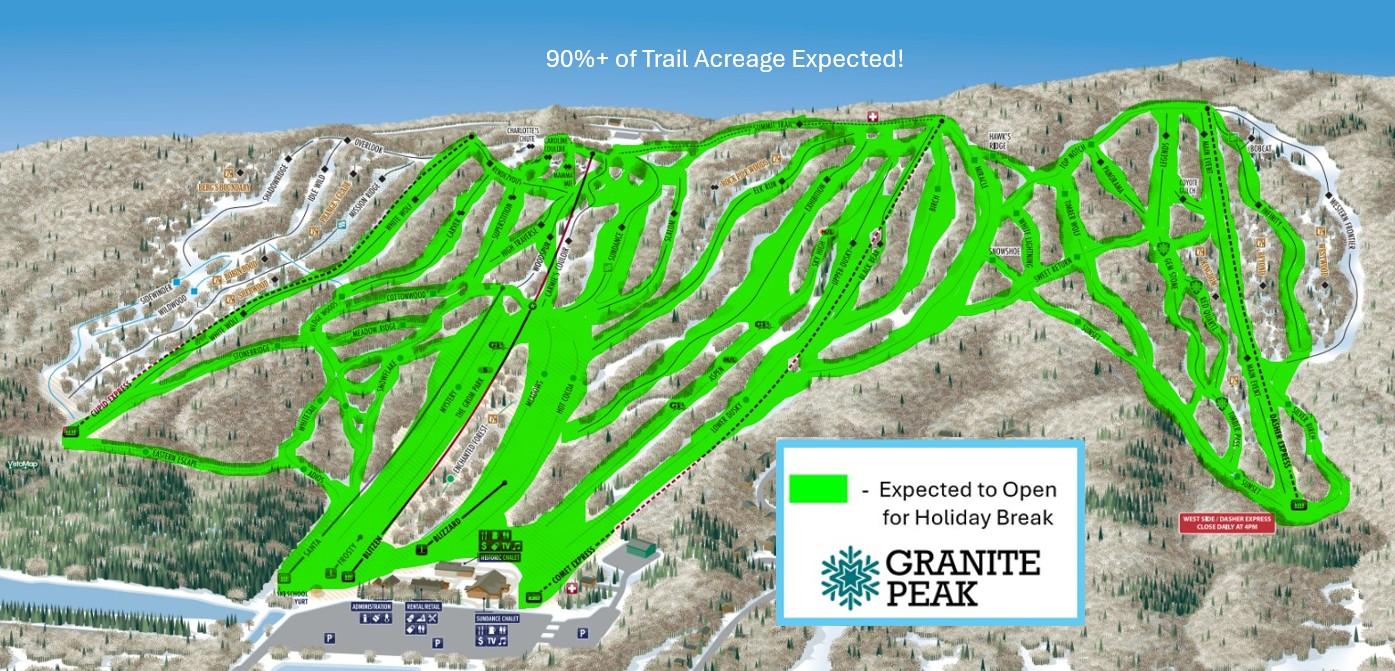 Ski resort map showing green-marked trails on a mountain.