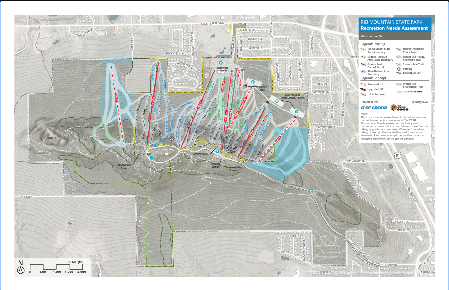 Ski resort trail map with colored slopes and lift lines.