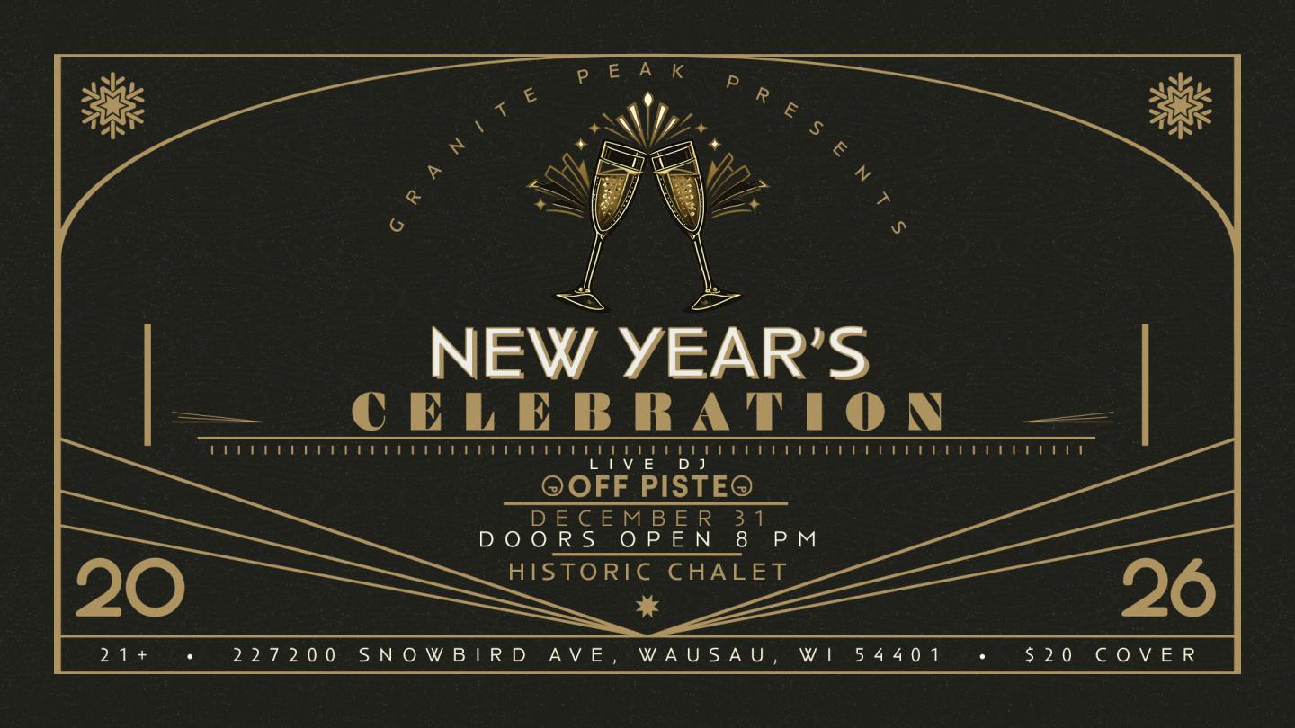 Elegant gold and black New Year's celebration invitation with champagne glasses graphic.