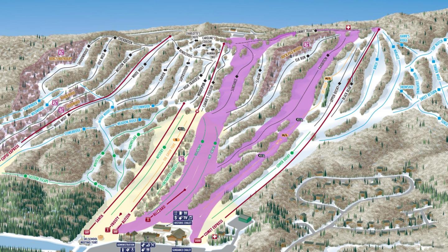 Ski resort trail map with colored ski runs and lifts.