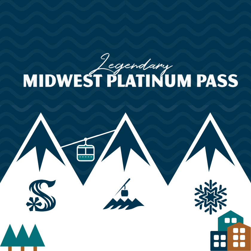 Snowy mountain peaks with ski lift, snowflake, and lodge icons.