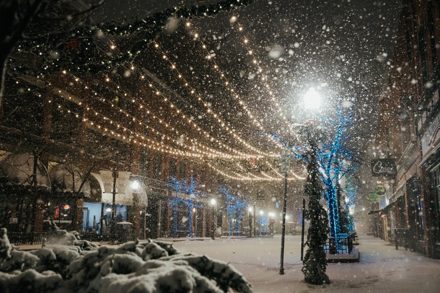 Snowy street at night, festive lights overhead, blue-lit trees.