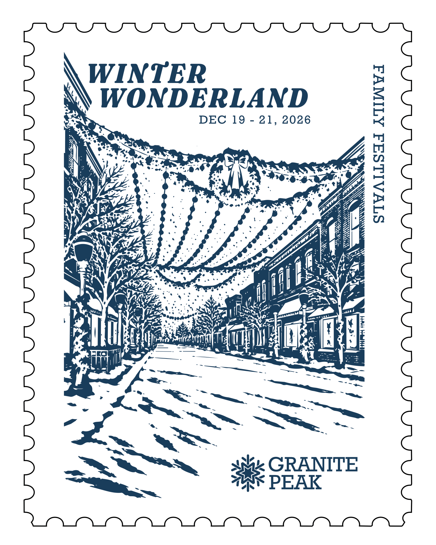 Blue postage stamp featuring a snowy Main Street beneath festive lights.