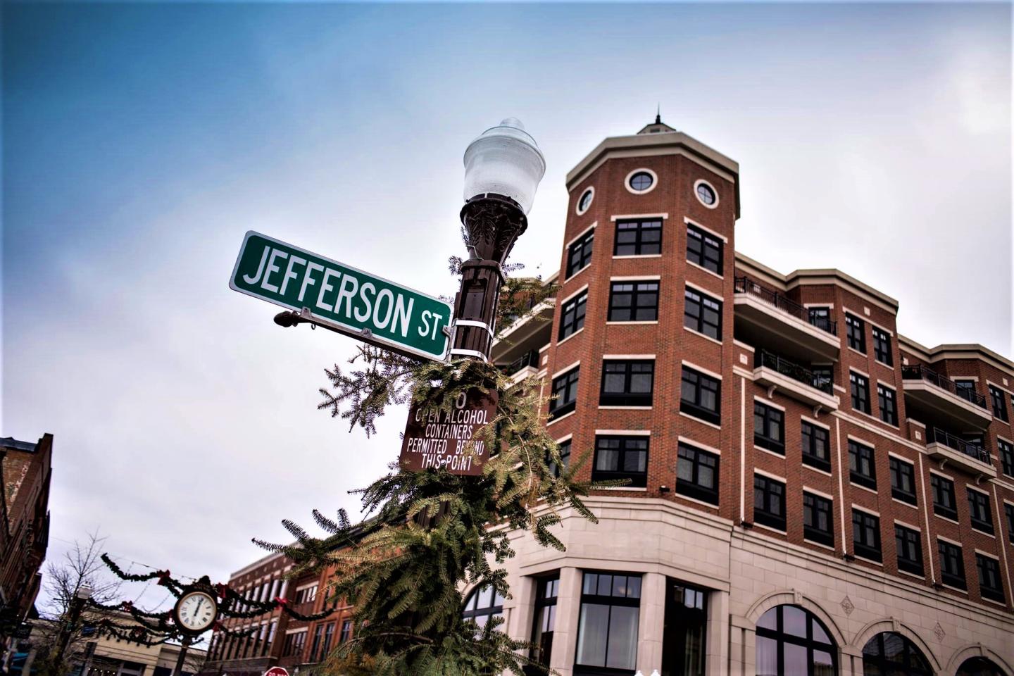 Jefferson Street sign beside the Jefferson Street Inn